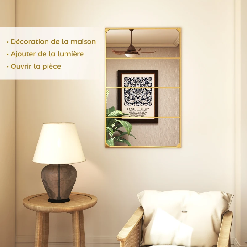 HOMCOM Miroir mural verrière rectangulaire style industriel, horizontal ou vertical avec 4 crochets, en métal doré 109 x 69 cm