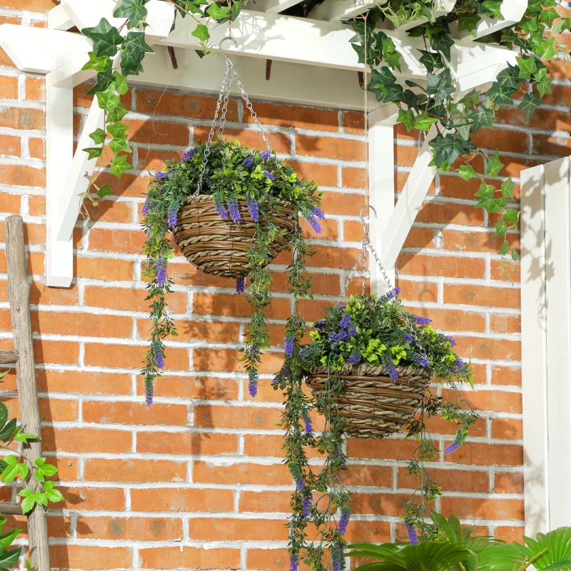 HOMCOM Set of 2 Decorative Artificial Plants, Faux Silk Lavender Flowers in Hanging Baskets, Fake Plants for Home Indoor Outdoor Decor, Purple
