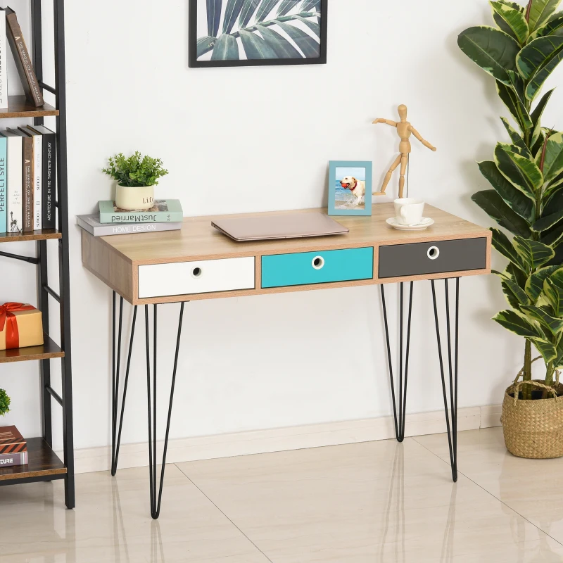 HOMCOM Scrivania Moderna con 3 Cassetti Multicolore in Legno e Metallo, Scrivania per Camera e Ufficio in Stile Nordico, 110x50x77.5cm