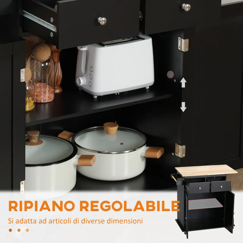 HOMCOM Carrello da Cucina con Armadietto, 2 Cassetti e Portaspezie, Isola da Cucina in Legno, 89x45x89.5cm, Nero