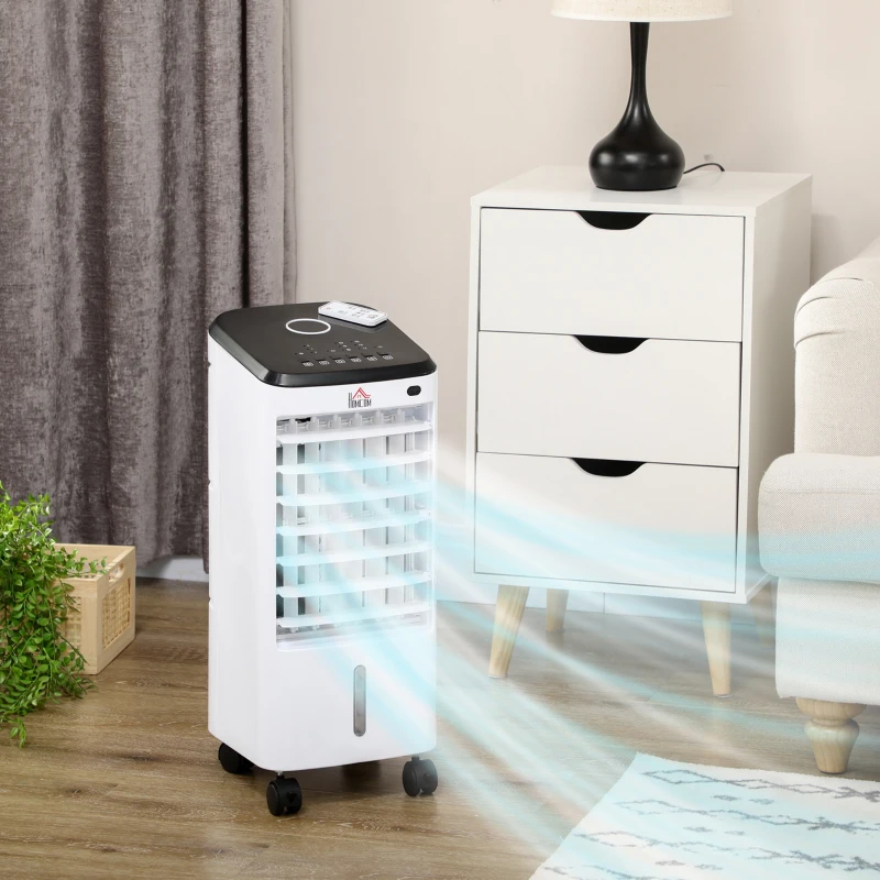 HOMCOM Climatizador Refrigerador de Ar Portátil 3,5 L Climatizador Humidificador Ventoinha Temporizador Oscilação 24,5x27x60 cm Branco