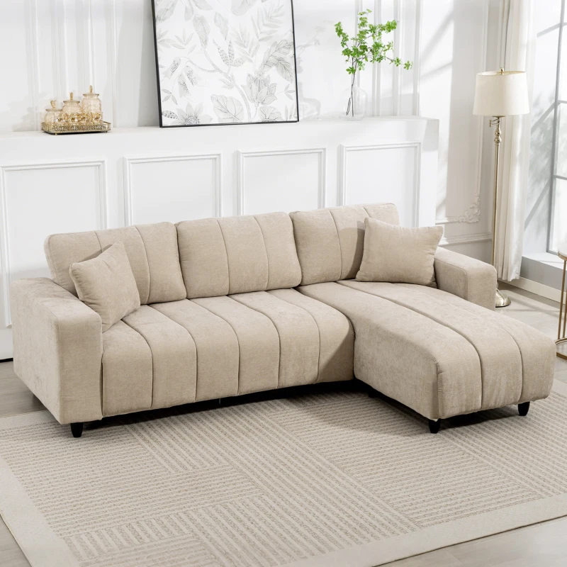 HOMCOM Canapé d'angle réversible, canapé 3 places avec méridienne, 2 oreillers, cadre en acier, 242x156x87cm, beige(m-2)