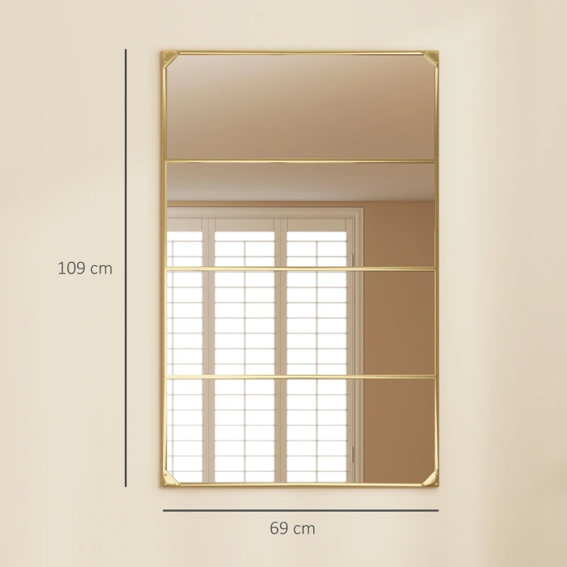 HOMCOM Miroir mural verrière rectangulaire style industriel, horizontal ou vertical avec 4 crochets, en métal doré 109 x 69 cm