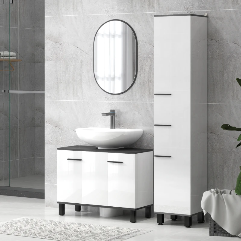 HOMCOM Móvel para Lavatório Pousar Móvel Casa de Banho com 2 Portas e Prateleira Ajustável para Lavatório com ou sem Pedestral 80x34x60 cm Branco Brilhante