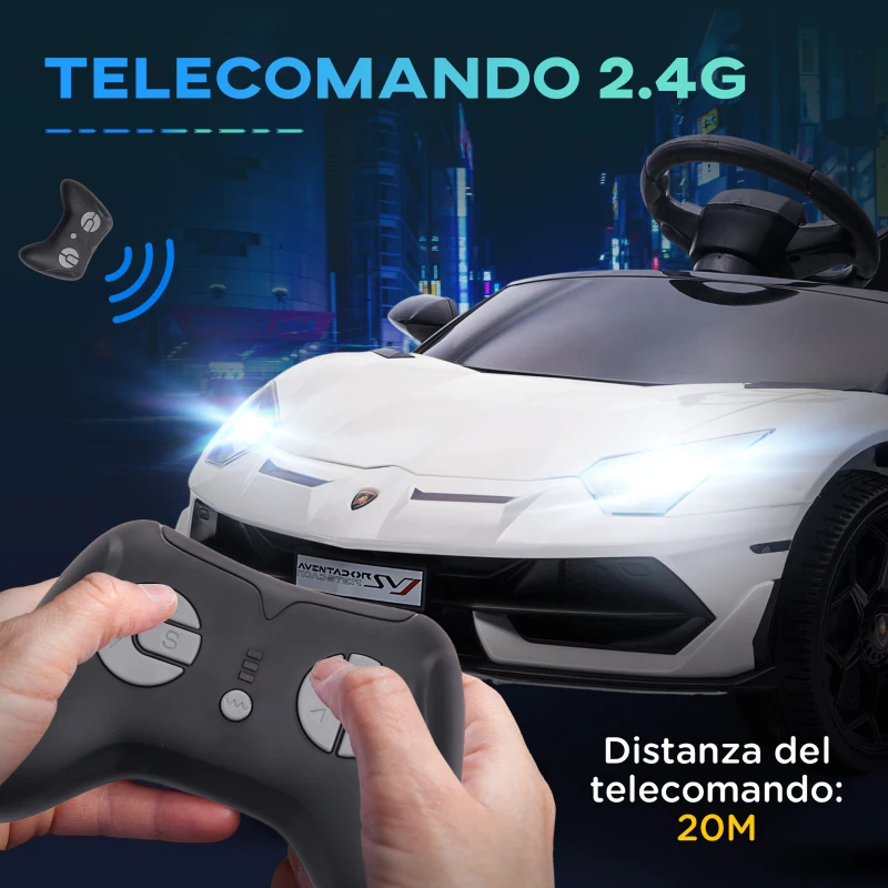 HOMCOM Macchina Elettrica per Bambini a 12V Licenza Lamborghini con Clacson e Telecomando, 107.5x64.5x47 cm, Bianca