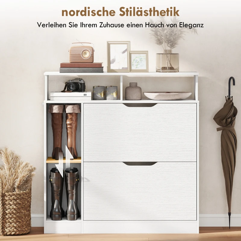 HOMCOM Schuhschrank mit 2 Klappen Schuhkipper mit Verstellbar Trennwand, offenem Fach für 12 Paar Schuhe 89 x 25 x 92 cm Weiß
