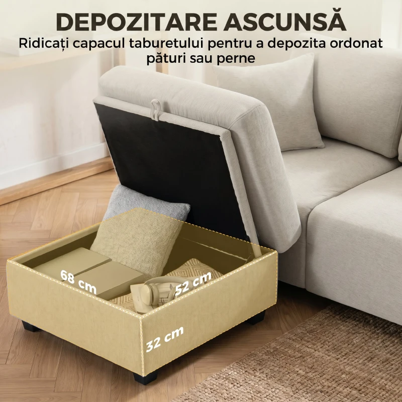 HOMCOM Canapea de Colț 3 Locuri, Respirabilă, cu Taburet cu Depozitare, Bej