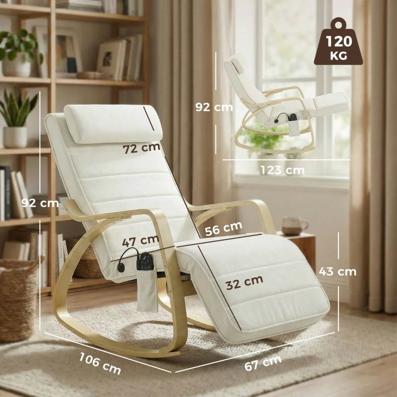 HOMCOM Schaukelstuhl mit Massage, Heizung, Kopfstütze & Fußstütze, Samtbezug, Relaxsessel, Cremeweiß