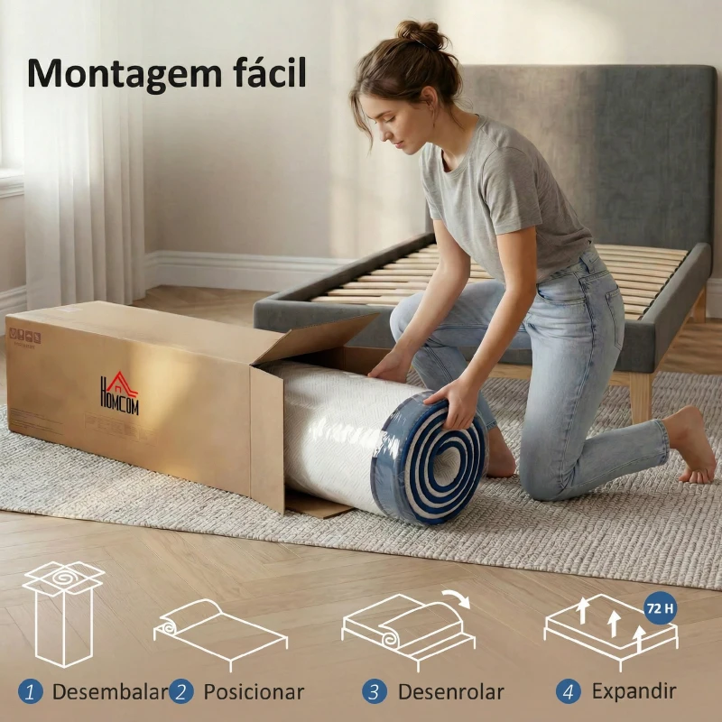 HOMCOM Colchão 190x90 cm Espessura 20 cm Colchão Viscoelástico com Chá Verde Firmeza Média Cama Refrescante com Espuma de Gel
