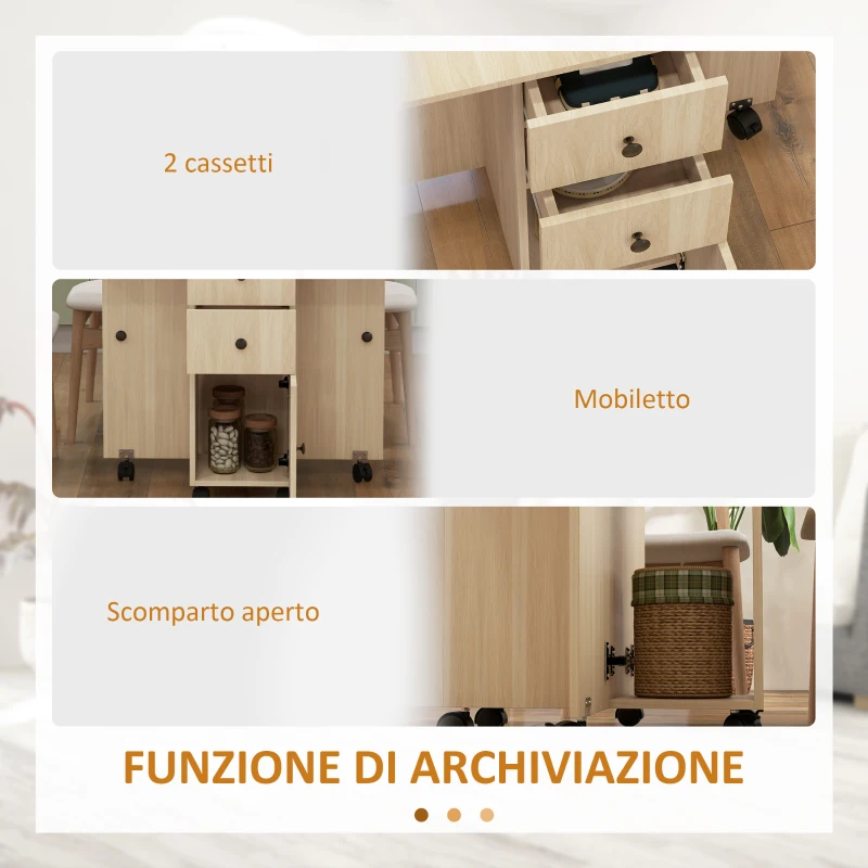 HOMCOM Tavolo Pieghevole con 2 Cassetti e Armadietto, 6 Rotelle e Freni, 120x60x76.5 cm, Color Legno