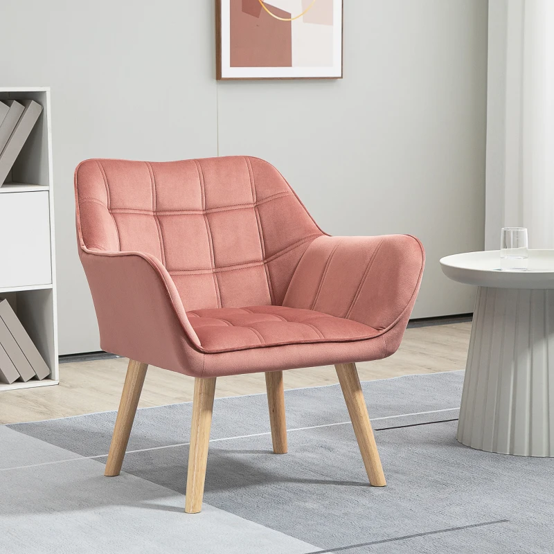 HOMCOM Poltrona Moderna Poltrona de Leitura Estofada em Veludo com Assento Amplo Pés em Madeira  67x61,5x71 cm Rosa