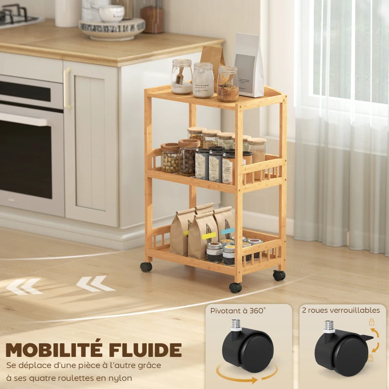 HOMCOM Chariot de cuisine à 3 niveaux, desserte à roulettes en bambou pour chambre, salon, bureau, 53x30,5x83cm, bois naturel