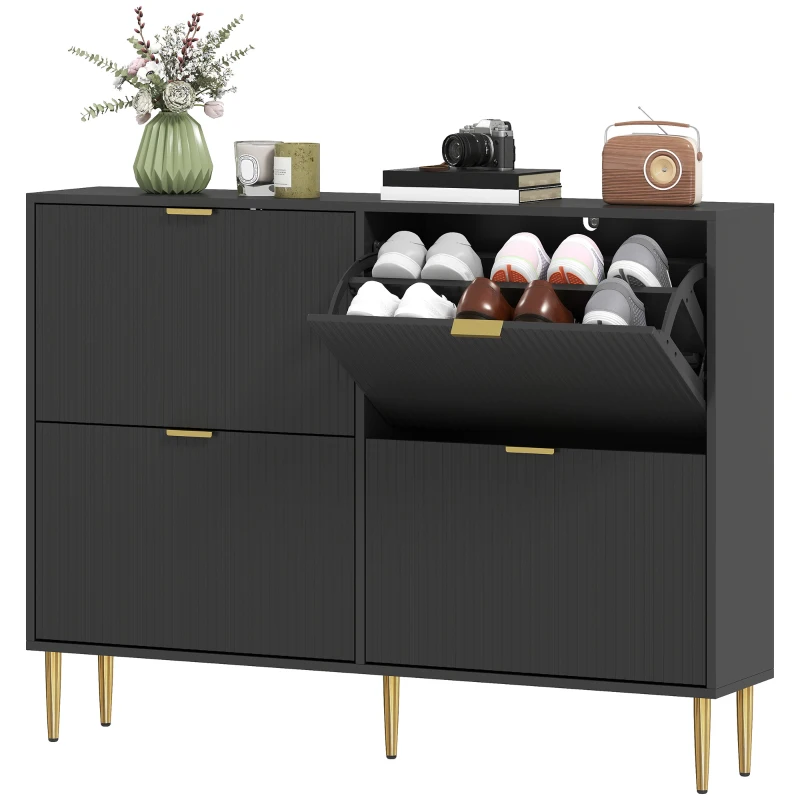 HOMCOM Meuble à chaussures 20 paires avec 4 tiroirs rabattables, portes cannelées et étagères réglables, 105x24x91,5cm, noir