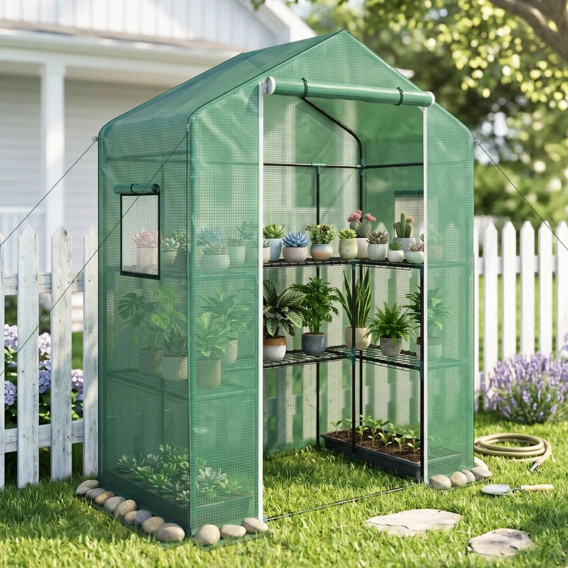 Outsunny Serre de jardin avec 1 porte, 2 fenetres et 2 étagères en forme de U pour Légumes Plantes Fleurs Bâche PE 140x73x190 cm