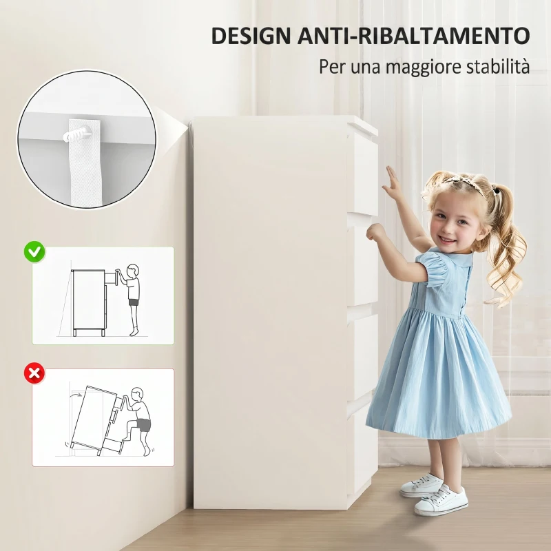 HOMCOM Cassettiera 4 Cassetti Moderna senza Maniglie per Camera e Soggiorno, 80x39x95 cm, Bianco