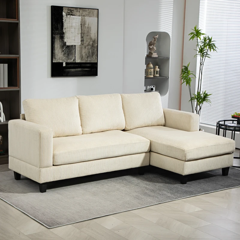 HOMCOM Sofá Chaise Longue de 3 Lugares em L Estofado em Veludo Assento e Encosto Almofadados 214x134x87 cm Bege