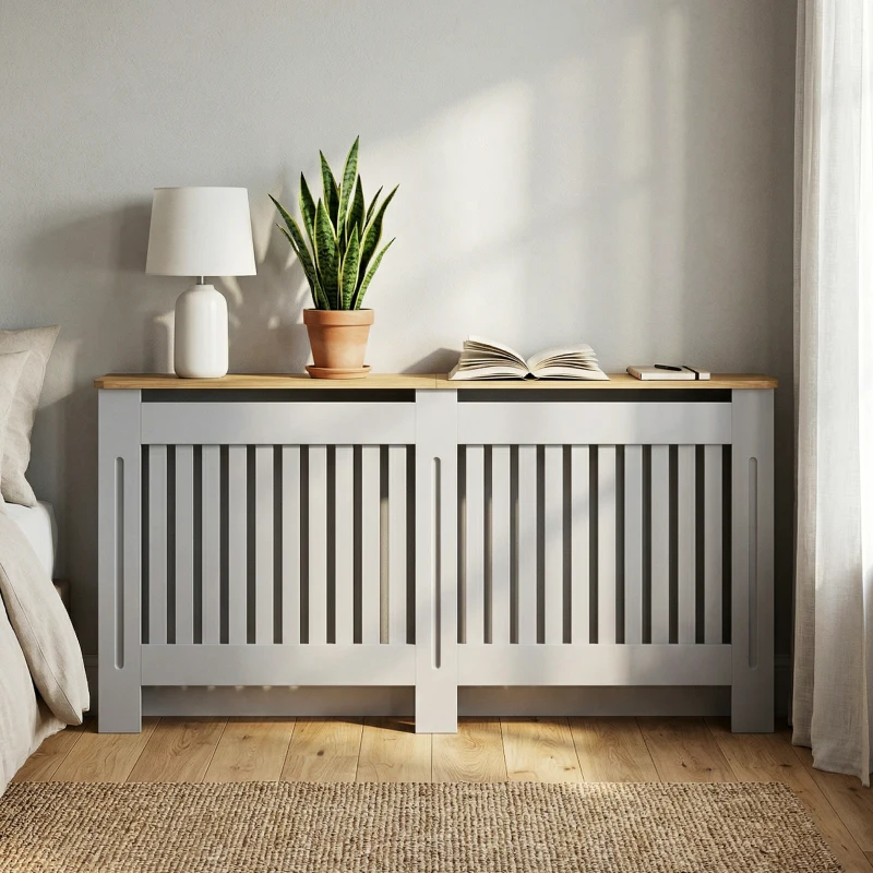 HOMCOM Slatted Radiator Cover, Painted Cabinet with Line Grill Design, 172L × 19W × 81H cm, Grey
