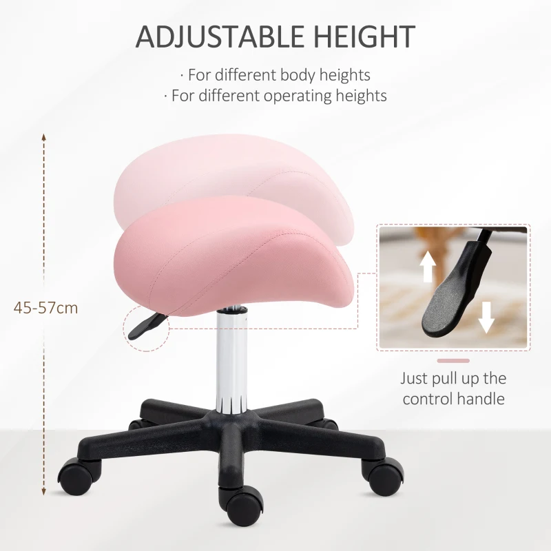 HOMCOM Saddle Stool, PU Leather Adjustable Rolling Salon Chair with Steel Frame for Massage, Spa, Beauty and Tattoo, Pink