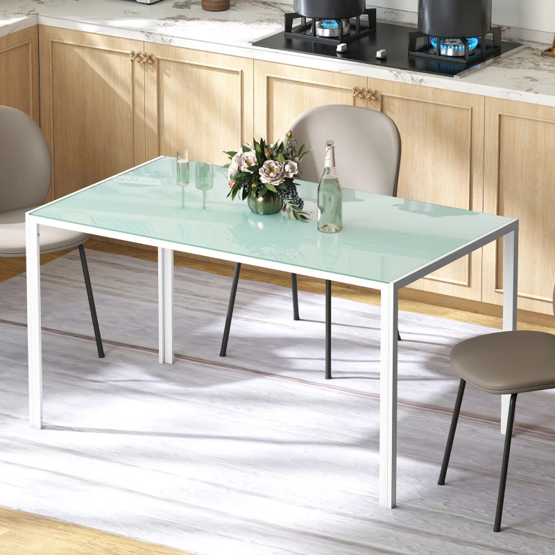HOMCOM Mesa de Refeição de Vidro Mesa Retangular para 6 Pessoas com Pés de Metal  140x80x75 cm Branco