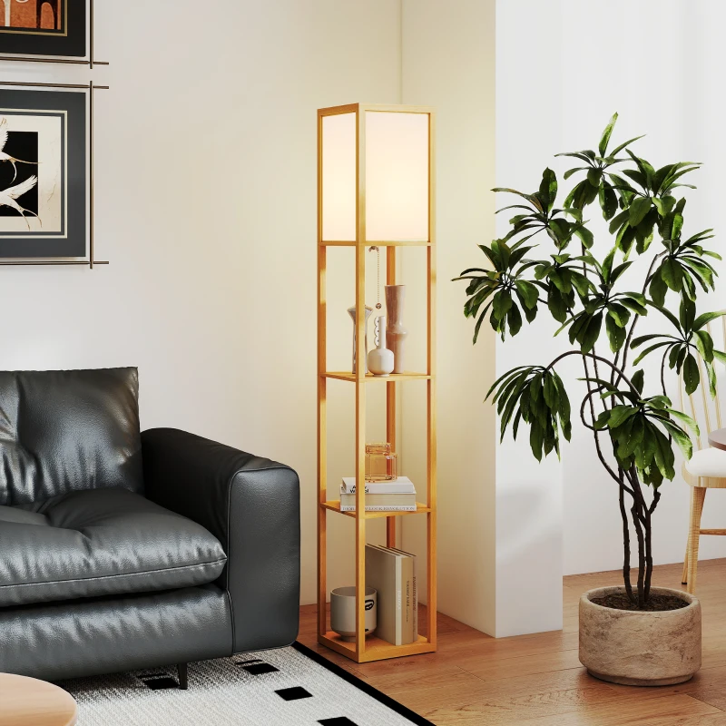 HOMCOM Candeeiro de Pé de Madeira com 3 Prateleiras para Lâmpada E27 Potência Máx. 40W 26x26x160 cm Madeira e Branco