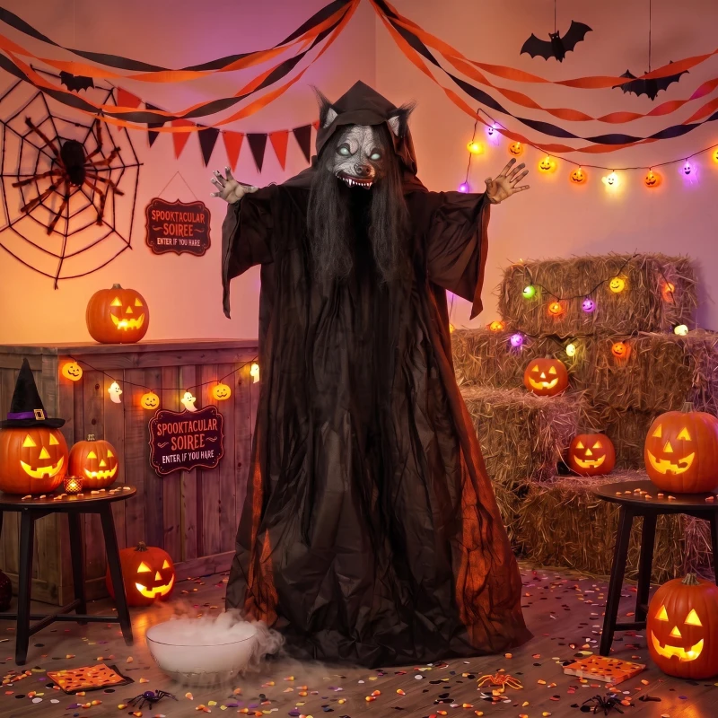 HOMCOM 67"/170cm Life Size Animated Ghost with Werewolf Mask, Halloween Decorations Outdoor Indoor, Scary Halloween Animatronic