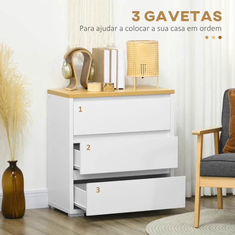 HOMCOM Cómoda Moderna com 3 Gavetas de Madeira para Dormitório Carga Máxima 40 kg 70x37x75 cm Branco e Madeira