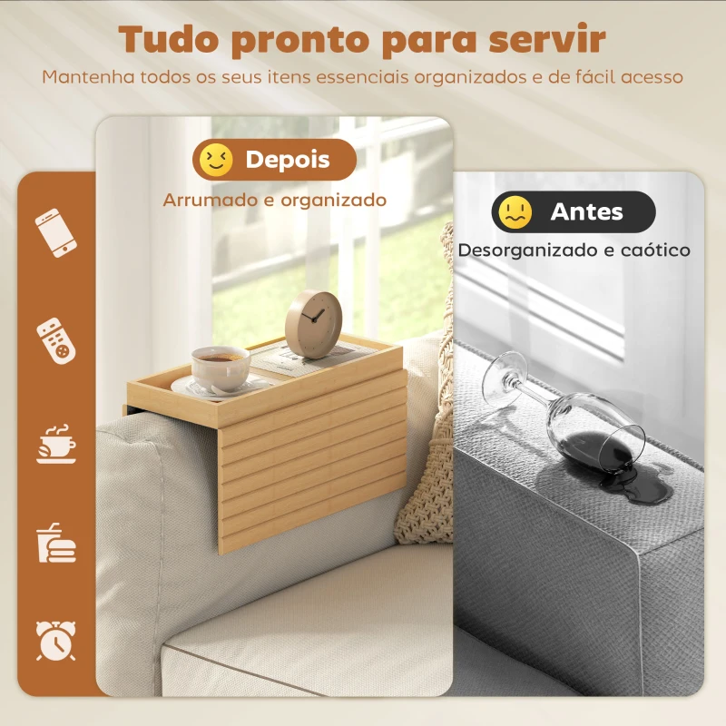 HOMCOM Bandeja de Braço para Sofá em Bambu Dobrável e Flexível com Base Antiderrapante  45x33,5x3 cm Madeira