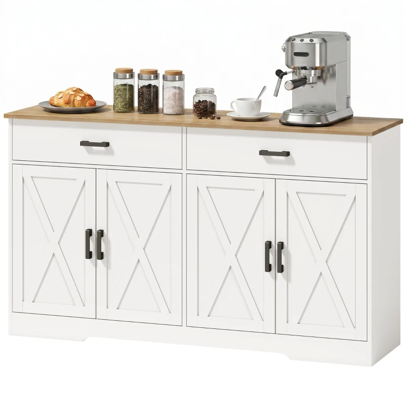 HOMCOM Sideboard Buffet Schrank, 140 cm Farmhaus Küchen-Schrank mit 2 Schubladen und 2 Schränken, Weiß
