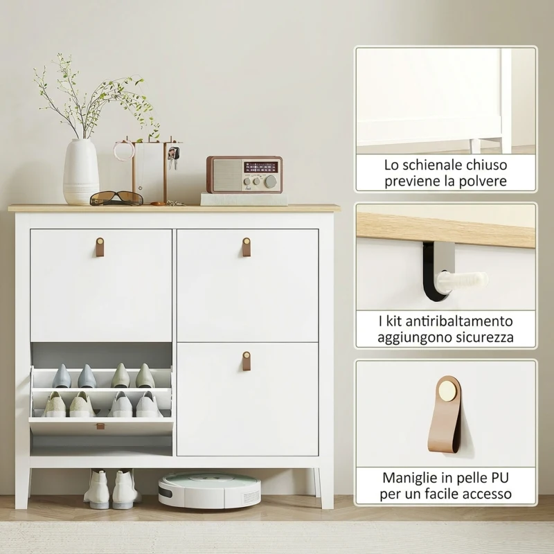 HOMCOM Scarpiera Slim 4 Cassetti per 20 Paia di Scarpe Taglia EU44 e Ripiani Regolabili, 105x24x95.5cm, Bianco