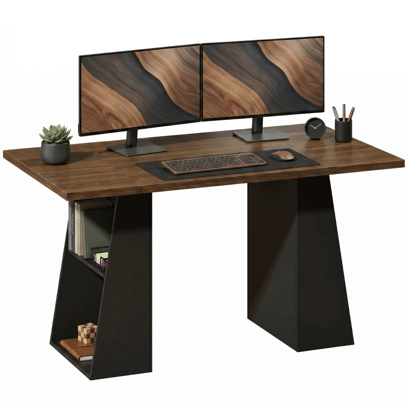 HOMCOM Schreibtisch mit 4 offenen Ablagen, Industrial Design, 140 cm, Braun-Schwarz