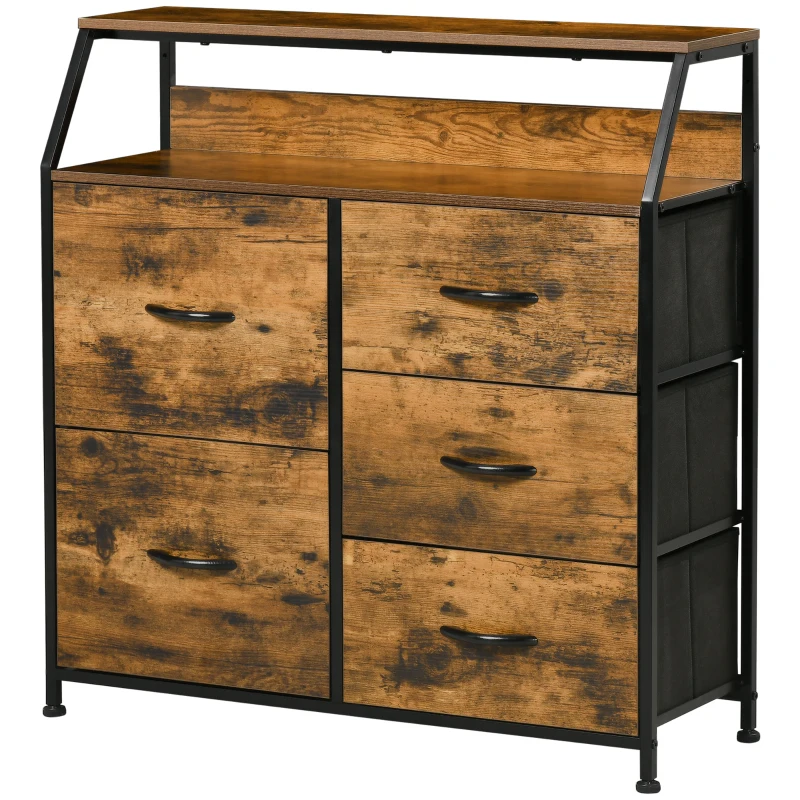 HOMCOM Mobile Cassettiera con 5 Cassetti in Tessuto Pieghevoli Stile Industriale, 83.5x29x87cm, Marrone