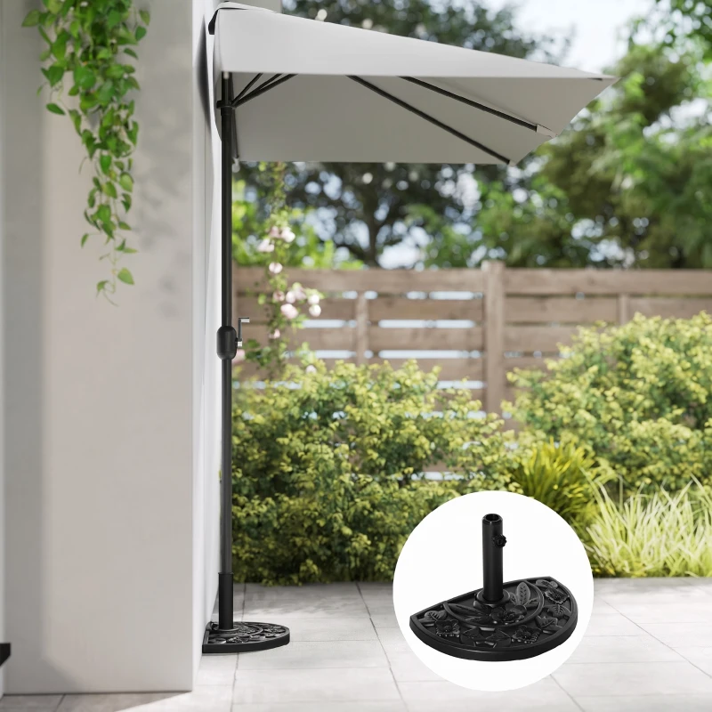 Outsunny Base per Ombrellone Semicircolare da 9 kg in HDPE, Cemento e Metallo con Motivi Floreali, Ø50x32x32 cm, Nero