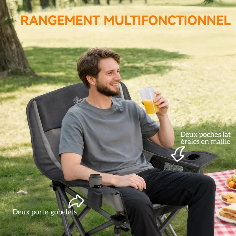 Outsunny Chaise de camping pliante et portable avec porte-gobelets, poches latérales et sac de transport, noir