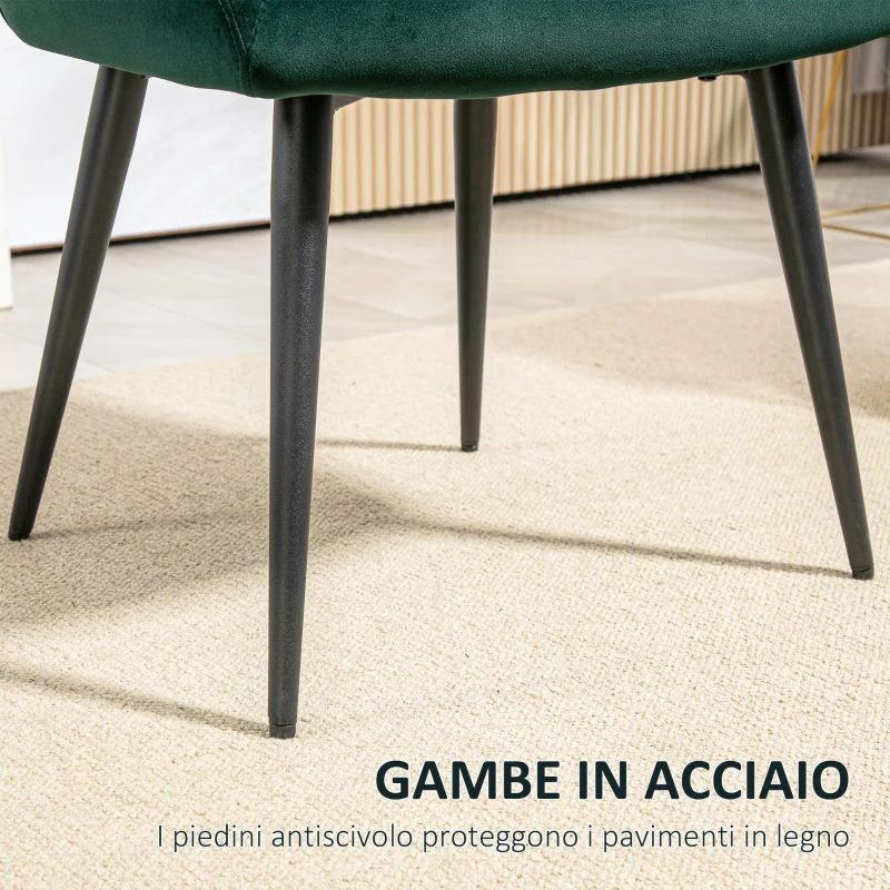 HOMCOM Poltrona da Salotto in Velluto e Imbottita con Gambe in Acciaio e Braccioli Estesi, Verde