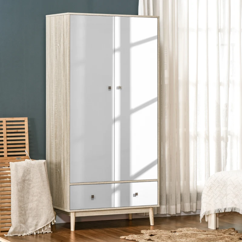 HOMCOM Armadio 2 Ante in Legno con 4 Vani, 2 Cassetti e Appendiabiti, Color Legno e Bianco, 90x50x190cm
