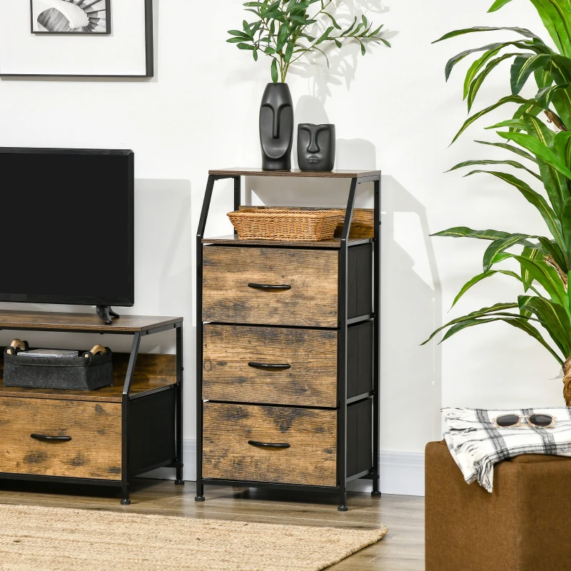 HOMCOM Cómoda com 3 Gavetas de Tecido Dobrável e Prateleira Móvel de Armazenamento Estilo Industrial 44x29x92cm Marrom Rústico