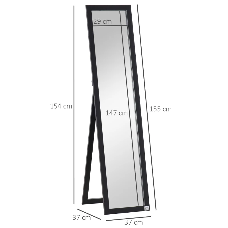 HOMCOM Specchio da Terra e Parete con Supporto Richiudibile e Cornice in MDF, 37x48x152cm, Nero