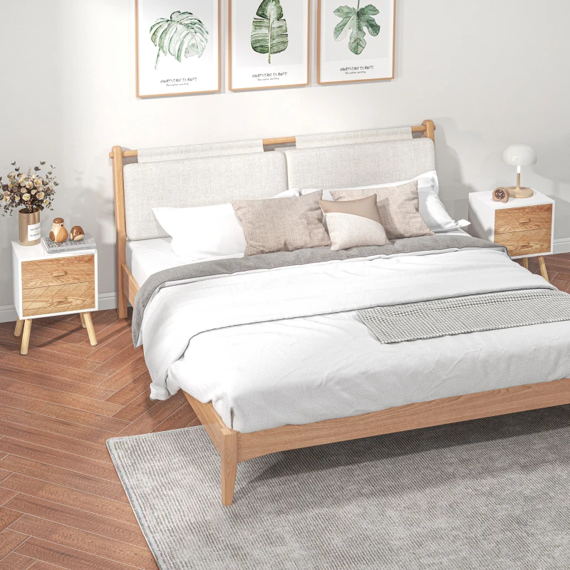 HOMCOM Chevet Table de Nuit Design scandinave 40L x 30l x 56H cm tiroirs Bois Massif pin MDF Blanc et hêtre Motif Graphique