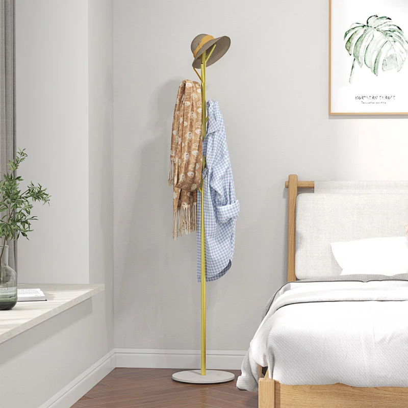 HOMCOM Cuier de Podea Autoportant cu 8 Cârlige, Bază din Marmură și Oțel, Ø32x164cm, Aur