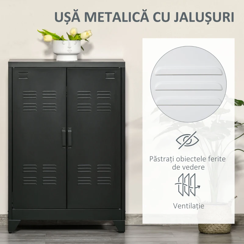 HOMCOM Dulapior Multifunctional cu 2 Usi Stil Industrial, Dulapior Metalic pentru Casa si Garaj - Gri