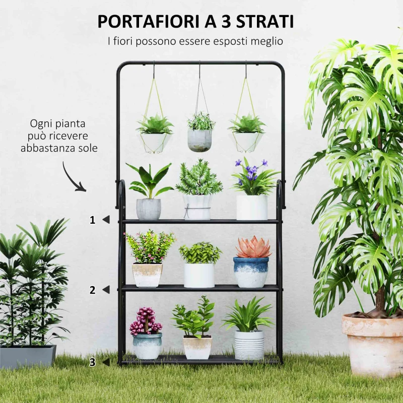 Outsunny Portapiante a 3 Livelli con 3 Ganci, in Metallo, 162x221.5x163 cm, Nero