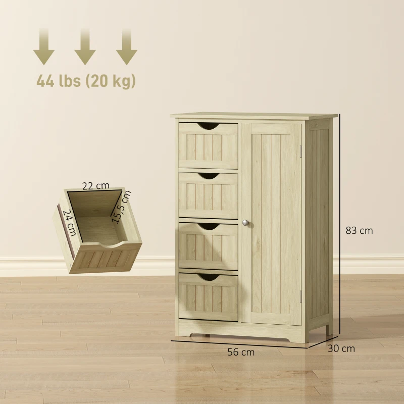 kleankin Armário de Casa de Banho Coluna Estreita com 4 Gavetas e Prateleira Ajustável Estilo Moderno 56x30x83 cm Madeira