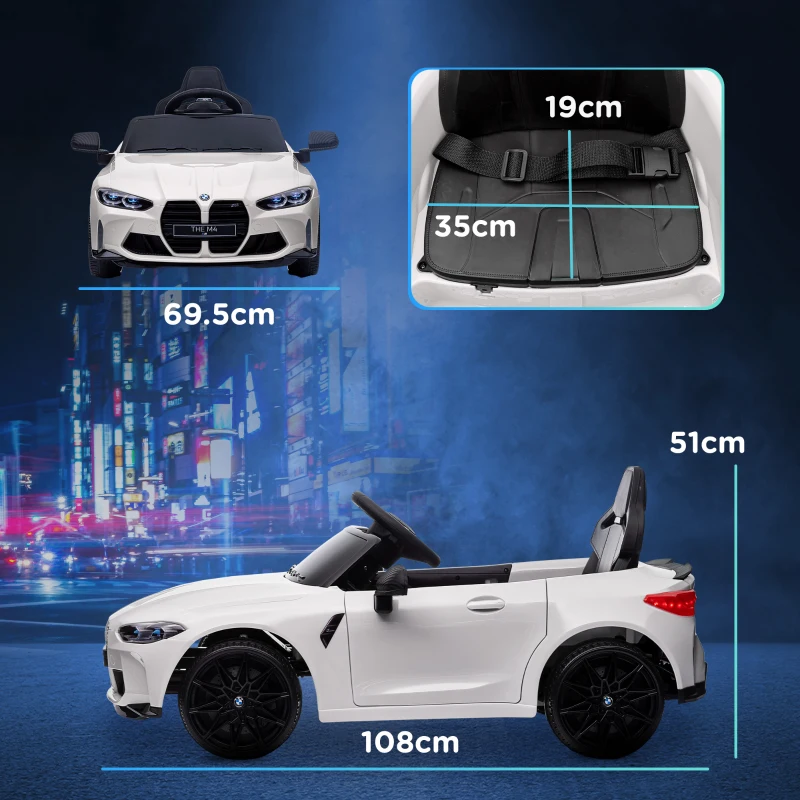 AIYAPLAY Mașină Electrică pentru Copii, licențiată BMW M4, cu telecomandă, claxon și faruri, 108x69.5x51 cm, albă