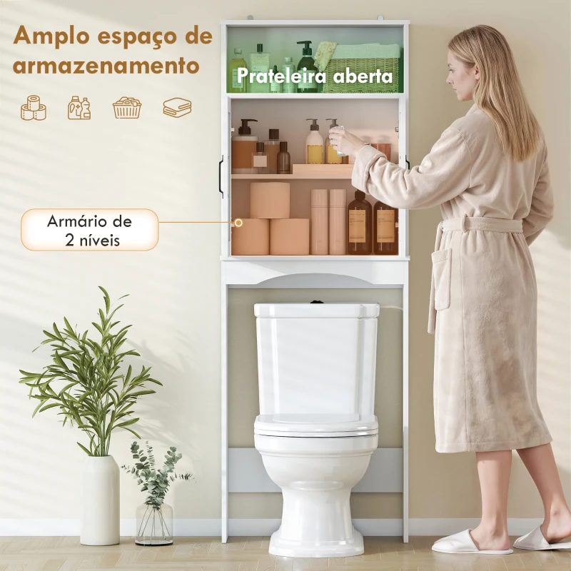 HOMCOM Armário sobre a Sanita, Móvel de Casa de Banho com 2 Portas de Fecho Suave e Prateleira Aberta, 64 x 21 x 173,5 cm, Branco
