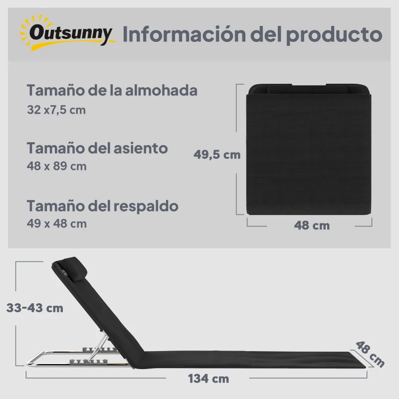 Outsunny Conjunto de 2 Esterillas con Respaldo Reclinable en 5 Niveles Reposacabezas y Bolsa de Transporte 134x48x33-43 cm Negro
