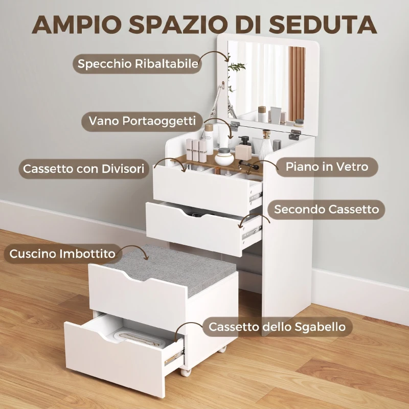 HOMCOM Toeletta 3 in 1 con Specchio Ribaltabile e Sgabello, con Cassetti, Bianco