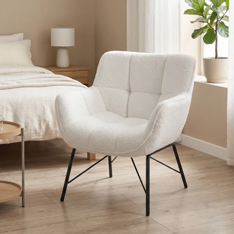 HOMCOM Moderner Loungesessel, Sherpa-Fleece Sessel mit gebogener Rückenlehne, integrierten Armlehnen, Metallbeinen, Cremeweiß