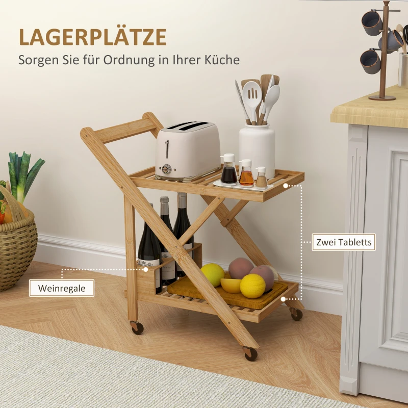 HOMCOM Keukentrolley op Wielen, Serveerwagen met 3 Wijnrekken, 2 Plateaus, voor Keuken, Eetkamer, Bamboehout, Lichtbruin