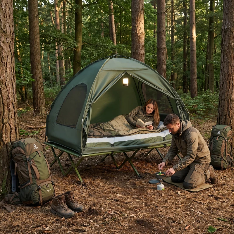 Outsunny Campingbed Hoog Met Matras Draagbaar Camping Groen