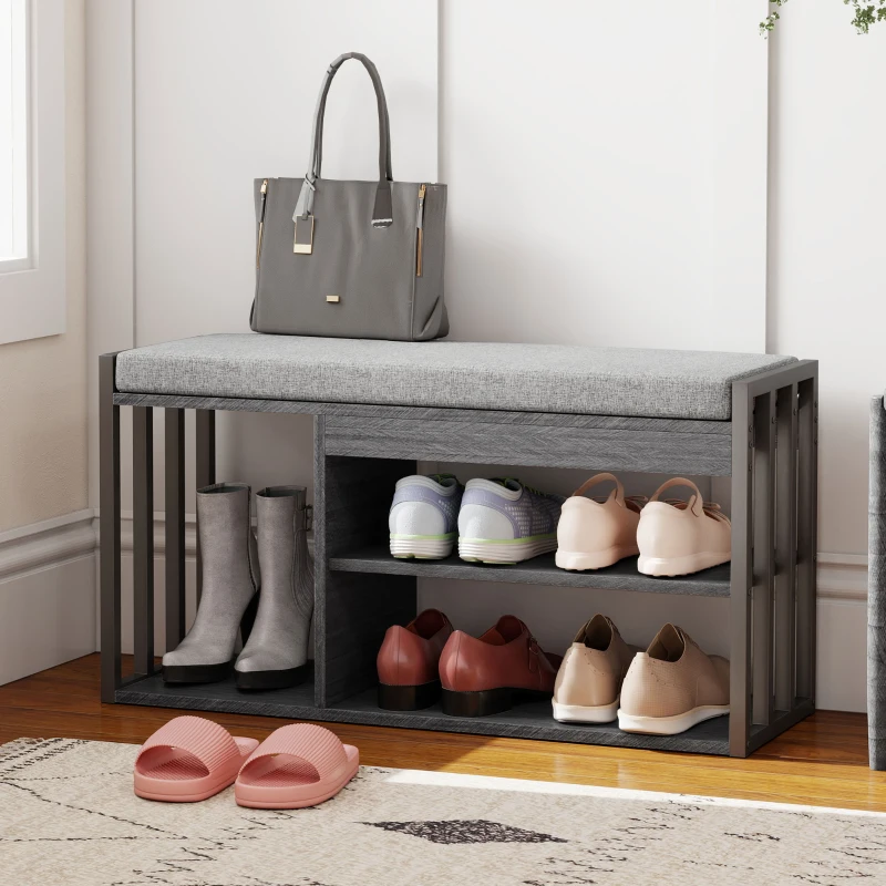 HOMCOM Schuhregal mit Sitzbank, Flurregal für Schuhe, Schuhschrank mit 3-stufigem Design, für Flur, Eingangsbereich, Wohnzimmer, Schlafzimmer, Grau